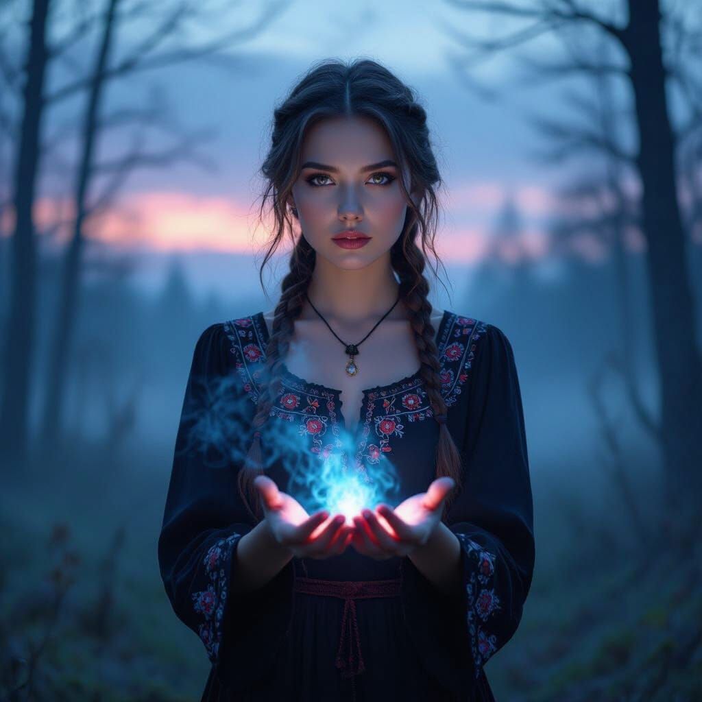 Ukrainian Witch Weaving Spell in Misty Forest