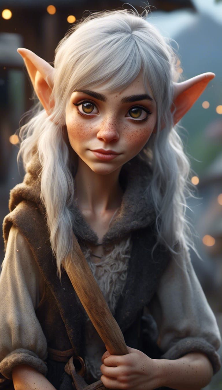 Hyperrealistic Portrait of a Freckled Female Gnome