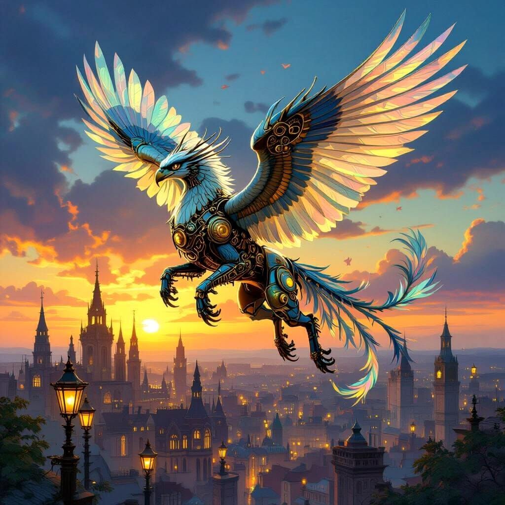 Steampunk Griffin Soaring Over Victorian City