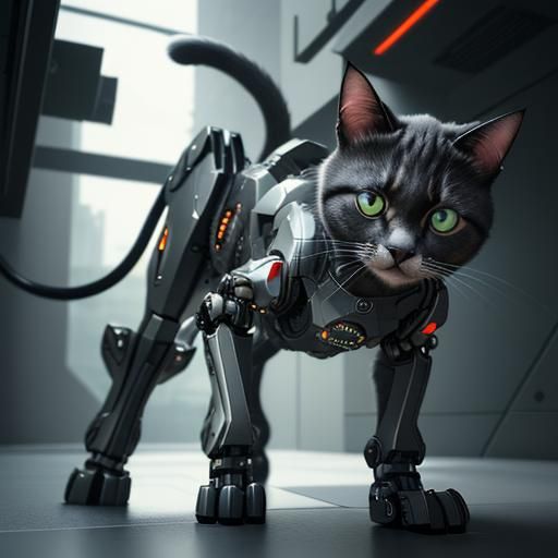 Cyborg Cat Hunting in a Futuristic Sci-Fi World