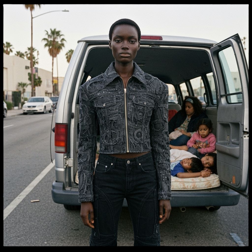 Woman in Avant-Garde Denim Posing on Los Angeles Street