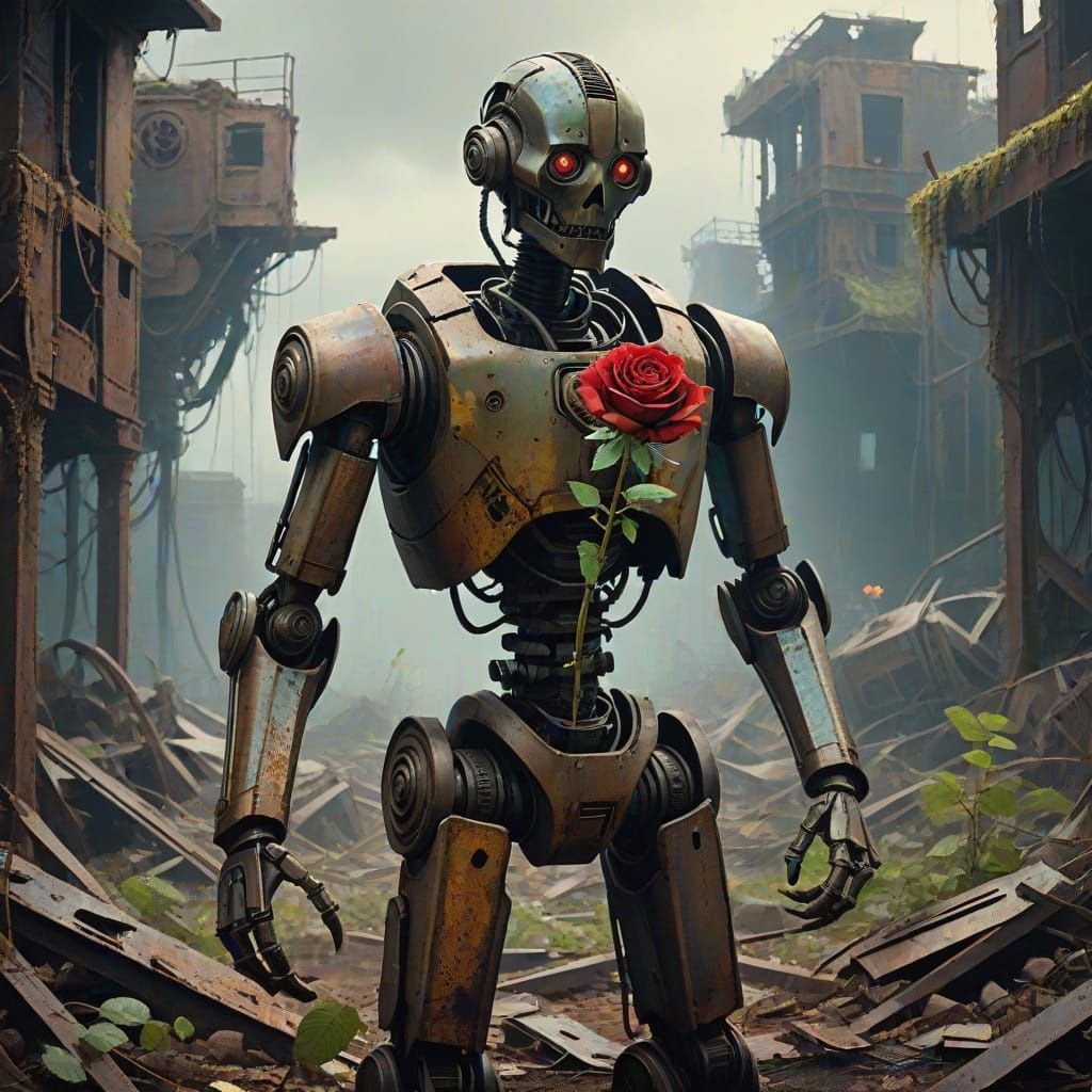 Rose Blooms in Abandoned Robot: Cinematic Still