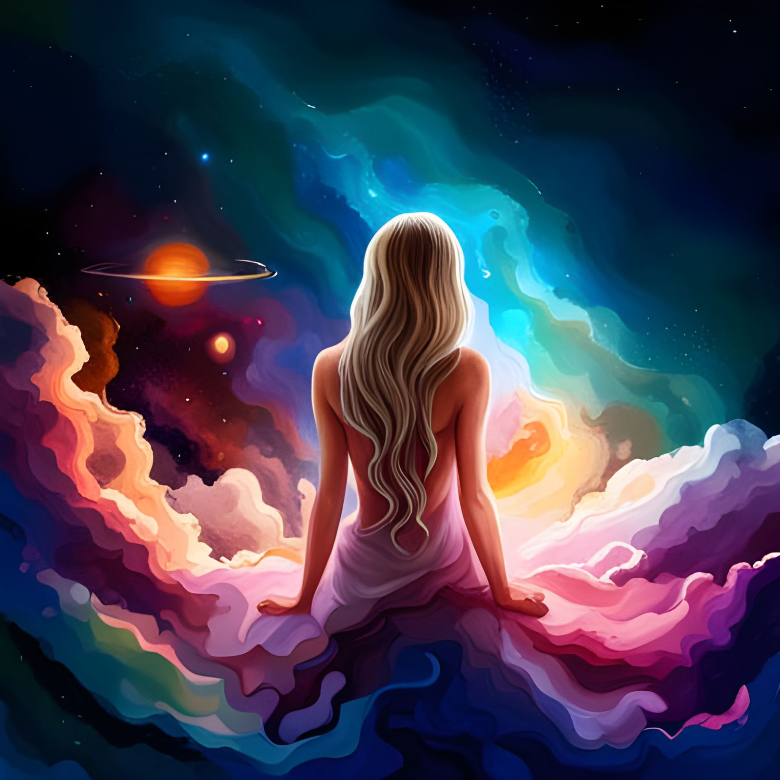 Cosmic Woman Exploring a Galaxy, Geometric Abstract Art