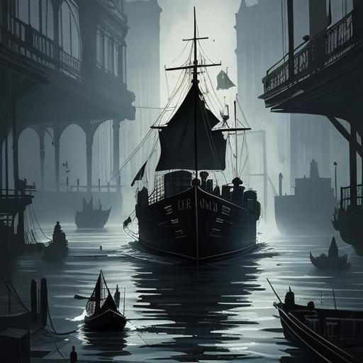 Steampunk Boat on the Thames in Ink Painting Style