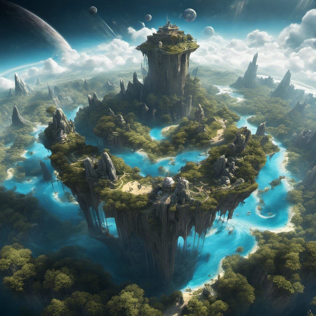 Hyperrealistic Floating Island in Space with Cities