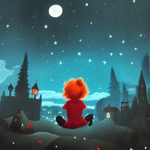 Red-Haired Child Mesmerized by a Starry Night