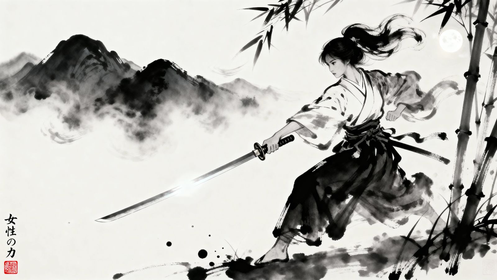 Female Samurai in Motion Sumi-e Style