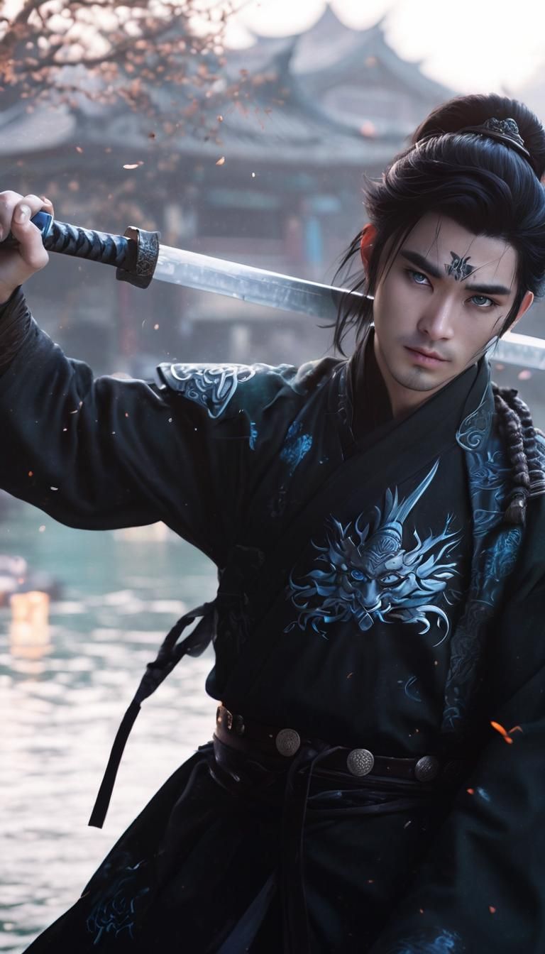 Cultivator in Water Temple with Magic Sword