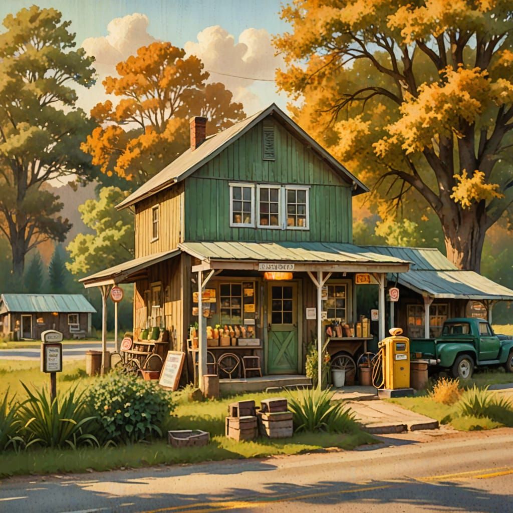 Rustic Country Store in Autumn, Digital Painting