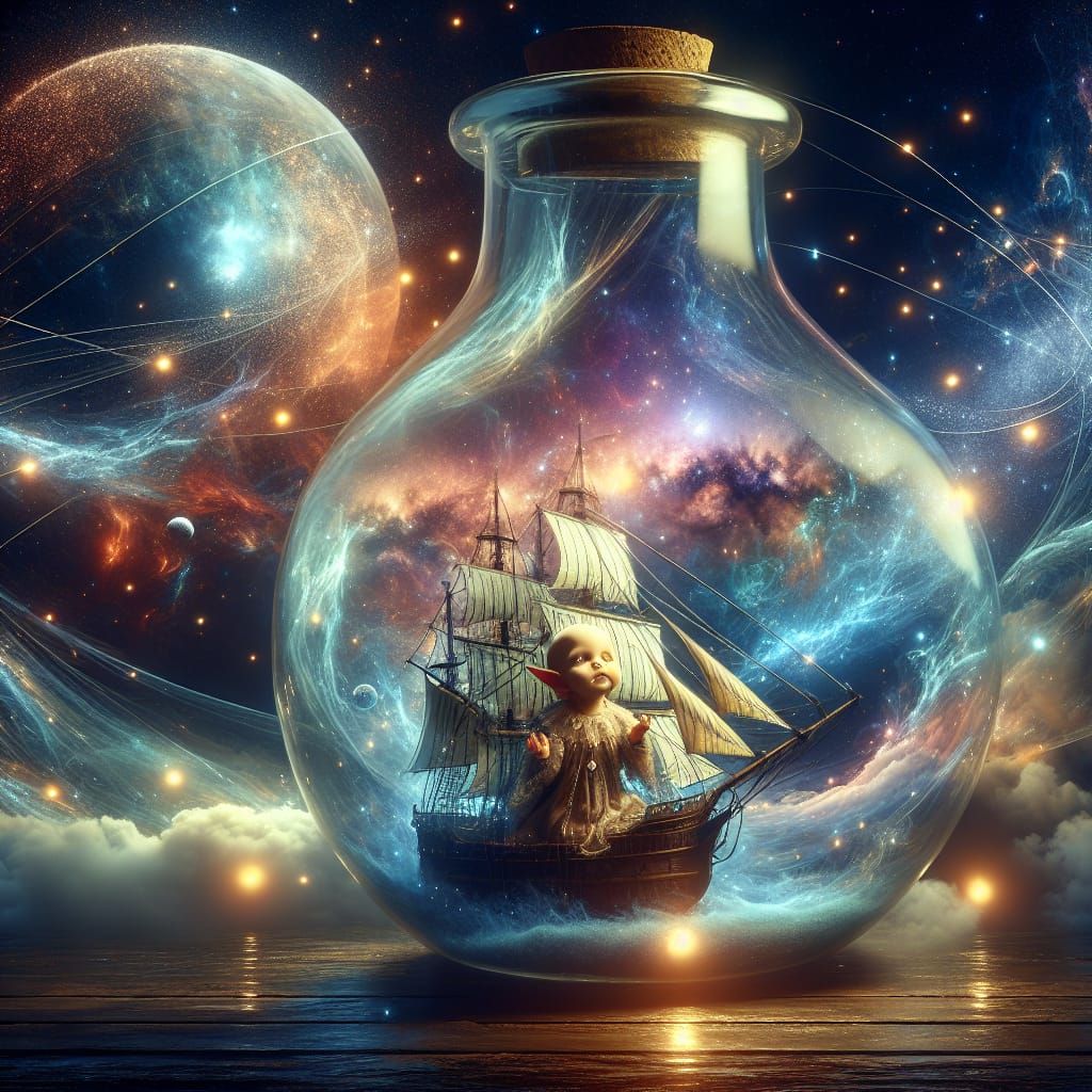 Ship in a Bottle with Baby Elf in Space