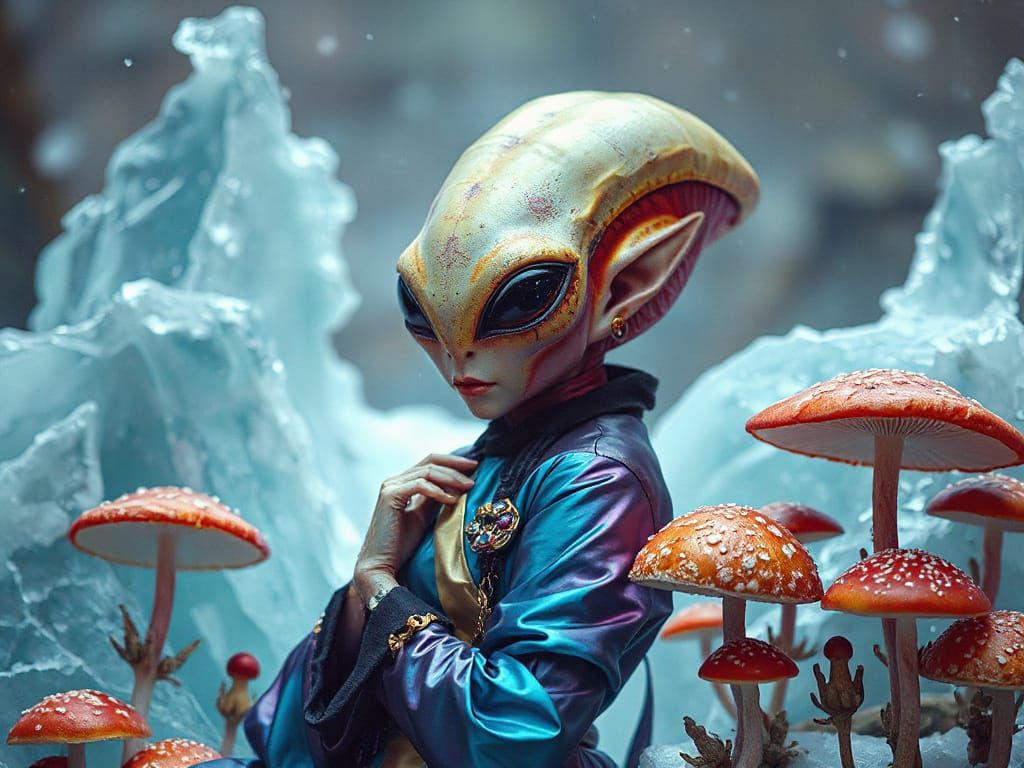 Surreal Whimsical Alien Interacts with Iridescent Mushrooms ...