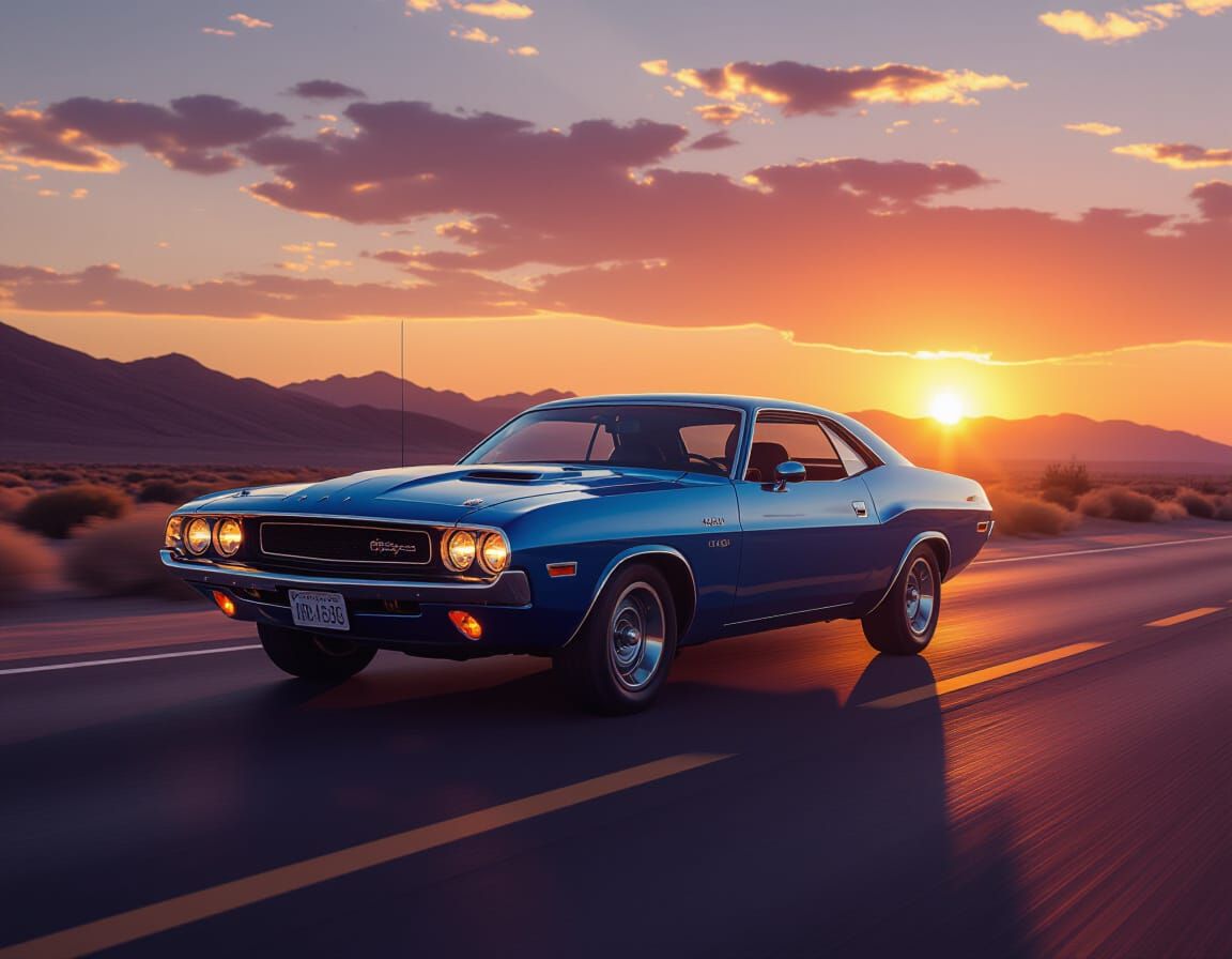 Gleaming Blue 1970 Dodge Challenger on Desert Highway at Sun...