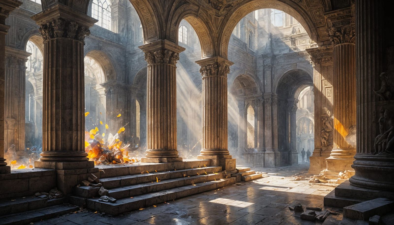 Dramatic Pantheon Scene in Whimsical Stained Glass Style