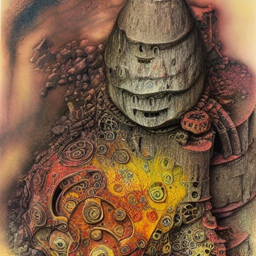 Red Clay Golem Illustration in Mixed Media Style