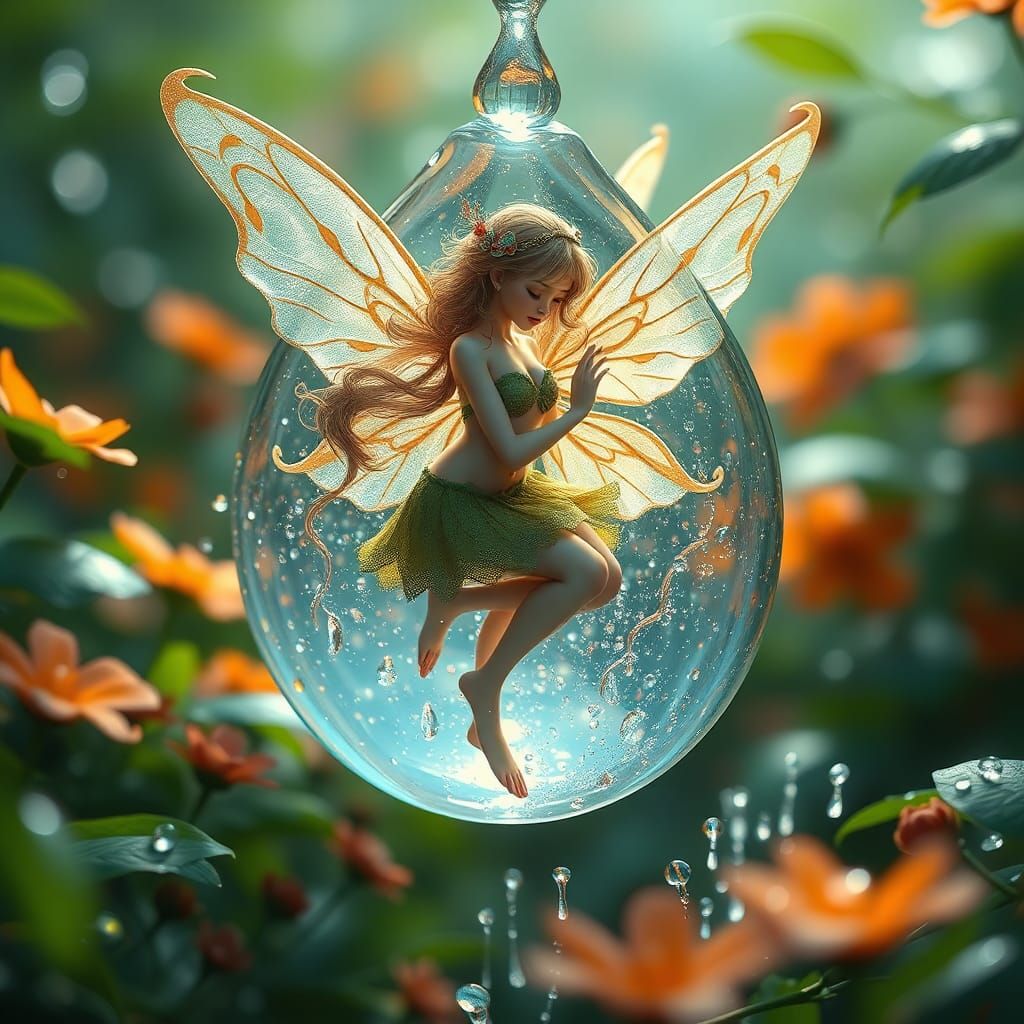 Fairy in Dew Drop: Hyperdetailed Fantasy Art