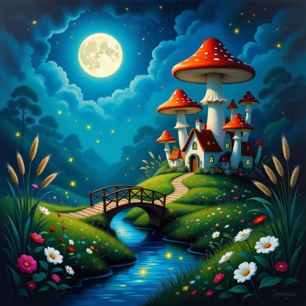Surreal Mushroom Village in Moonlit Forest