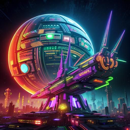 Cyberpunk Cityscape with Neon Temple