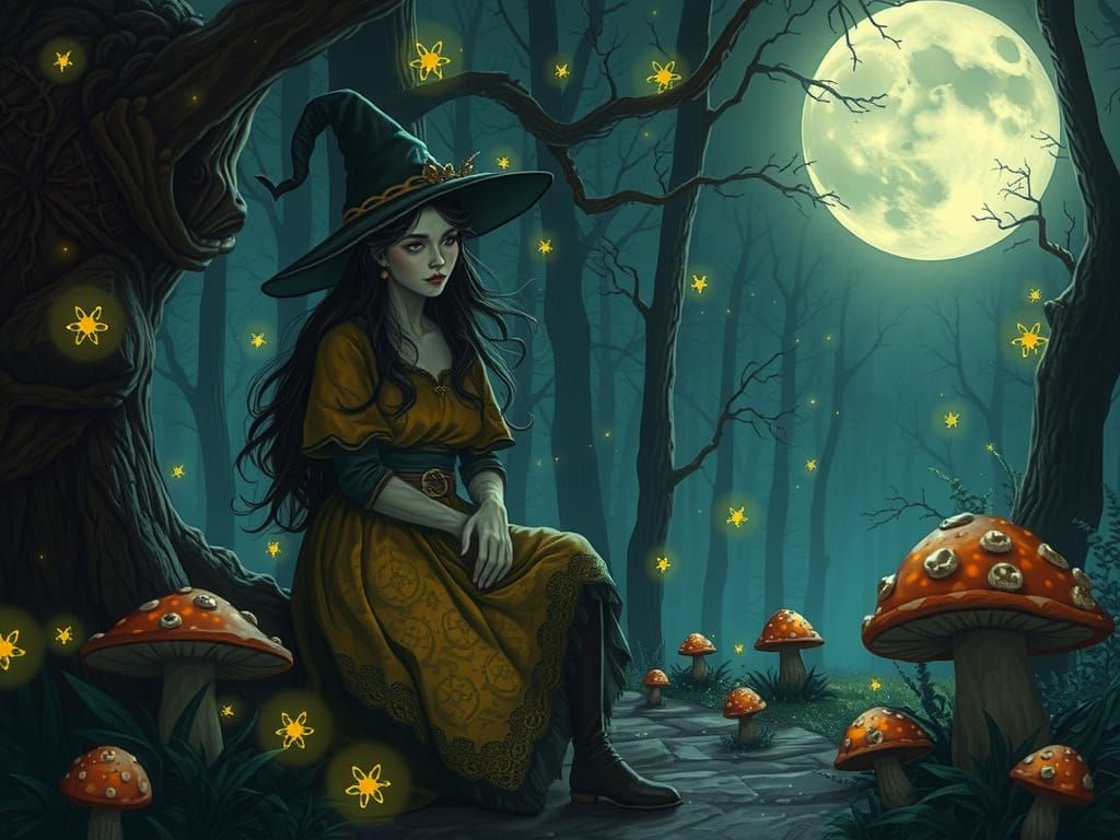 Mystical Witch in Moonlit Forest as Digital Art