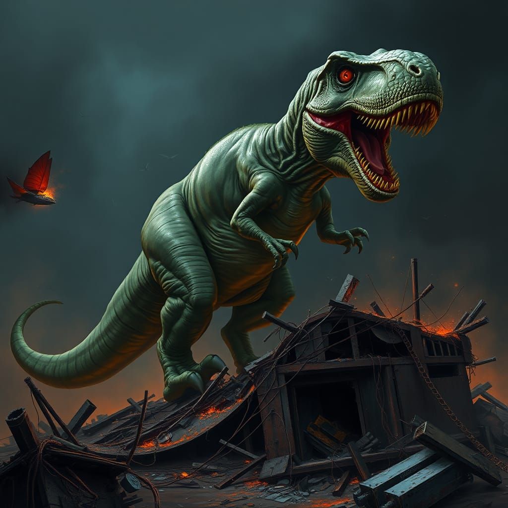 Tyrannosaurus Rex Roaring Atop Ruined Building