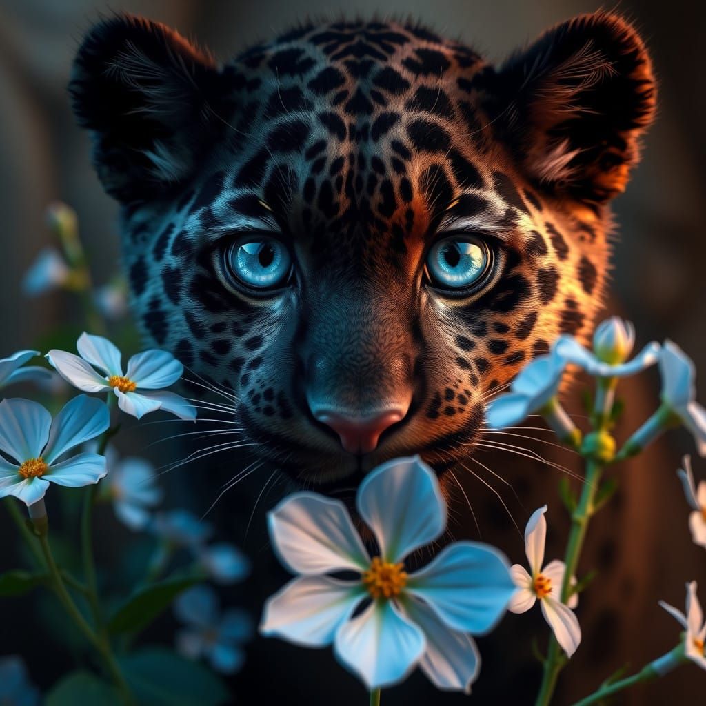 Surreal Black Jaguar Surrounded by Pastel Blue Flowers