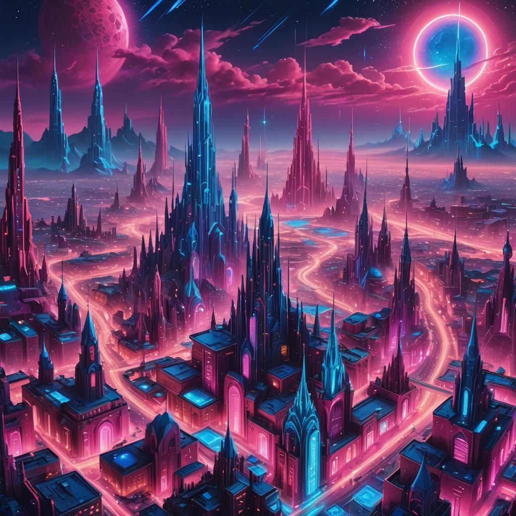 Neon Cityscape in Cosmic Desert, Surreal Digital Art