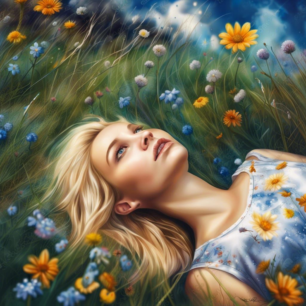 Blonde Woman with Indigo Eyes in Wildflower Meadow