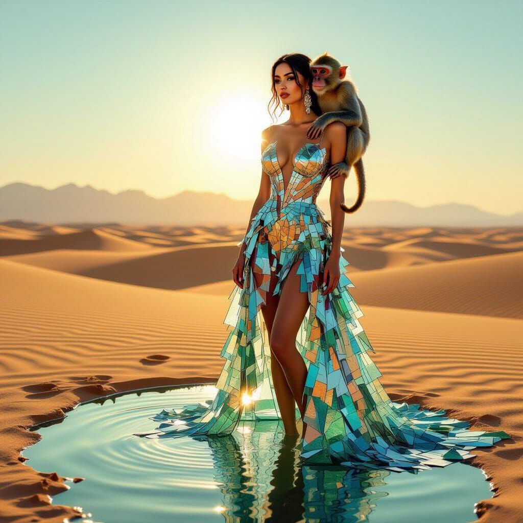 Woman in Glass Dress with Monkey in Desert
