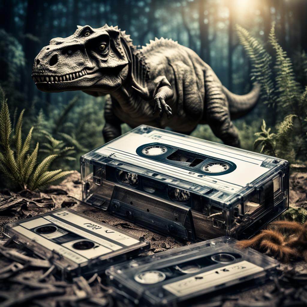 Hyperrealistic Cassette Tape with Dinosaurs
