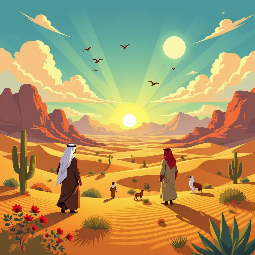Vibrant Cartoon Desert Ecosystem with Arab People