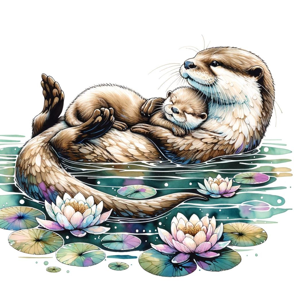 Peaceful Otter Mother and Baby in Alcohol Ink