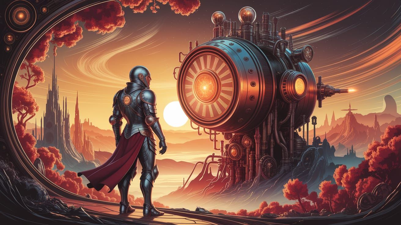 Space Knight and Steampunk Engine in Art Nouveau Style