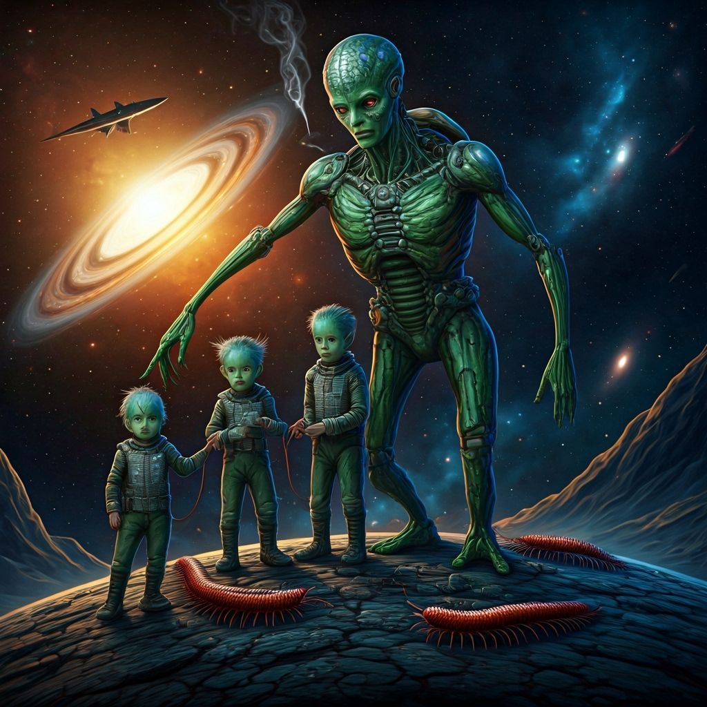 Alien Family Repairs Spaceship in Biomechanical Style