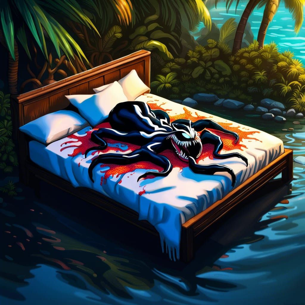 Venom Sleeps on Floating Bed: Hyperrealistic Splash Art