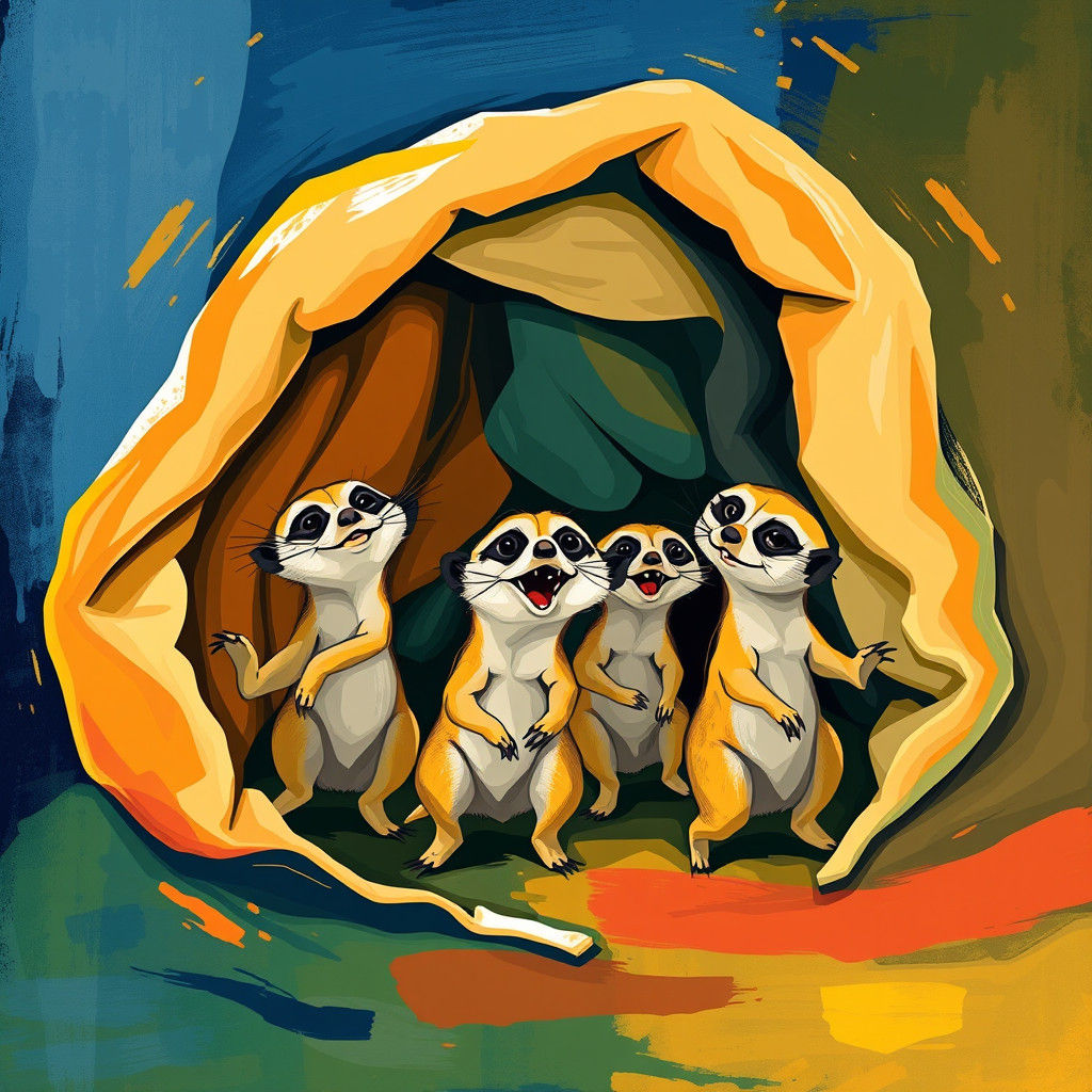 Meerkats Play Under Blanket in Abstract Style