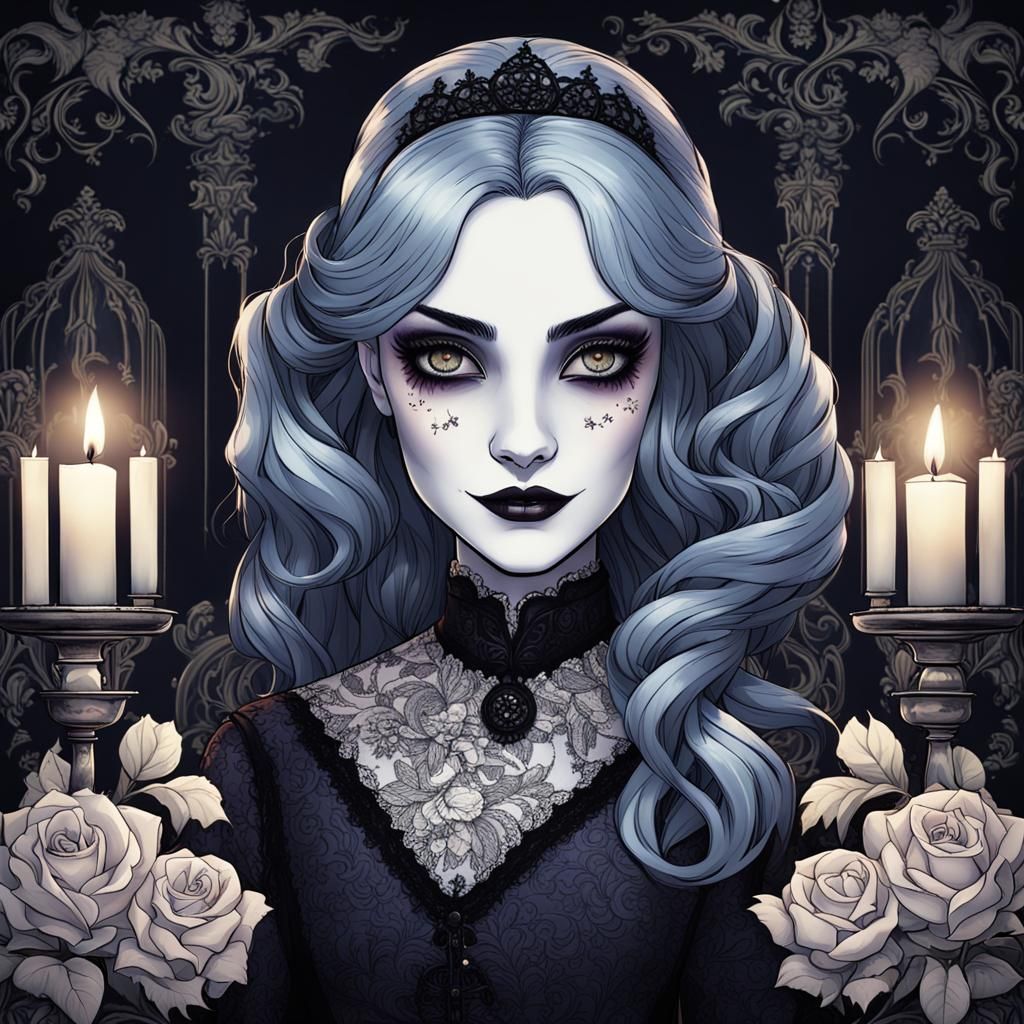 Morticia Addams' Sarcastic Smile in Anime Realism