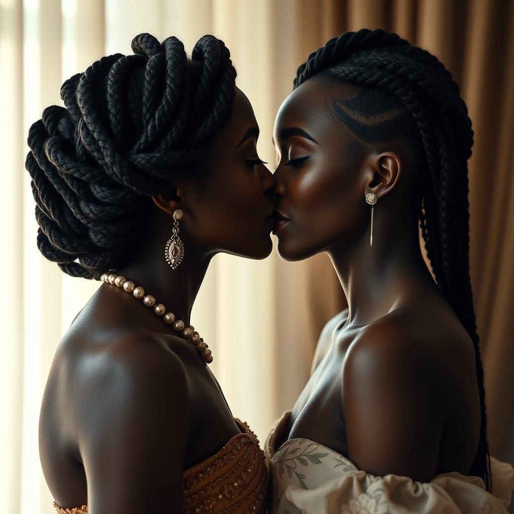 Dark Skinned Women Share Intimate Moment in Elegant Portrait
