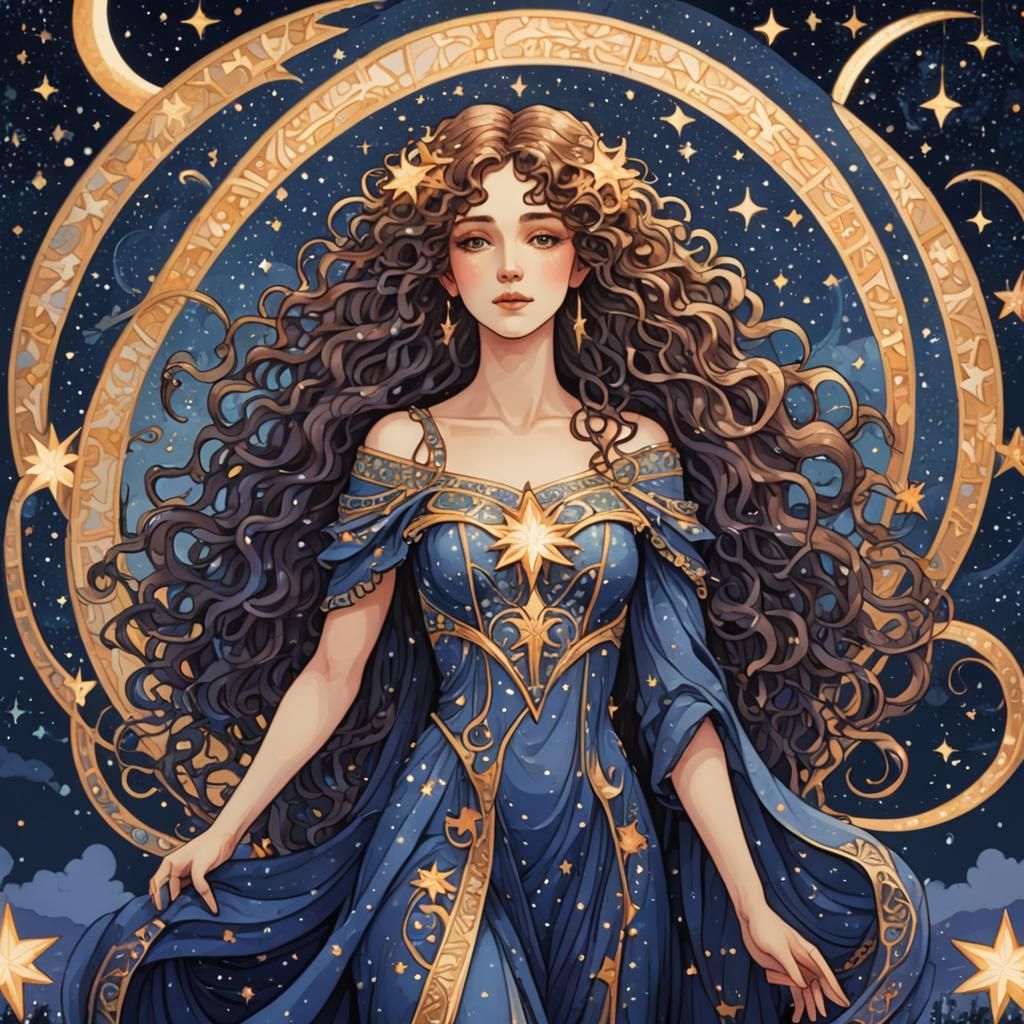Celestial Woman in Starry Sky: Art Nouveau Pixel Art