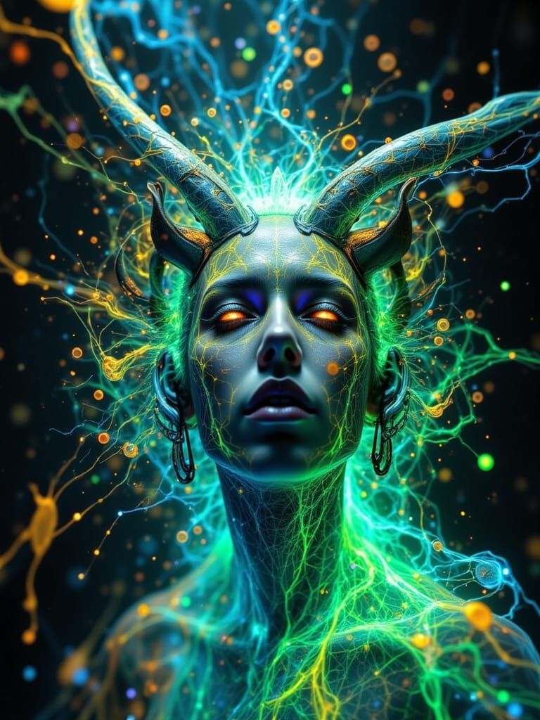 Glitching Bioluminescent Demon Android in Brutalist City