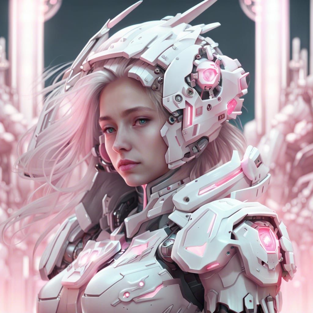 Anime Mecha Girl in Pink and White Armor