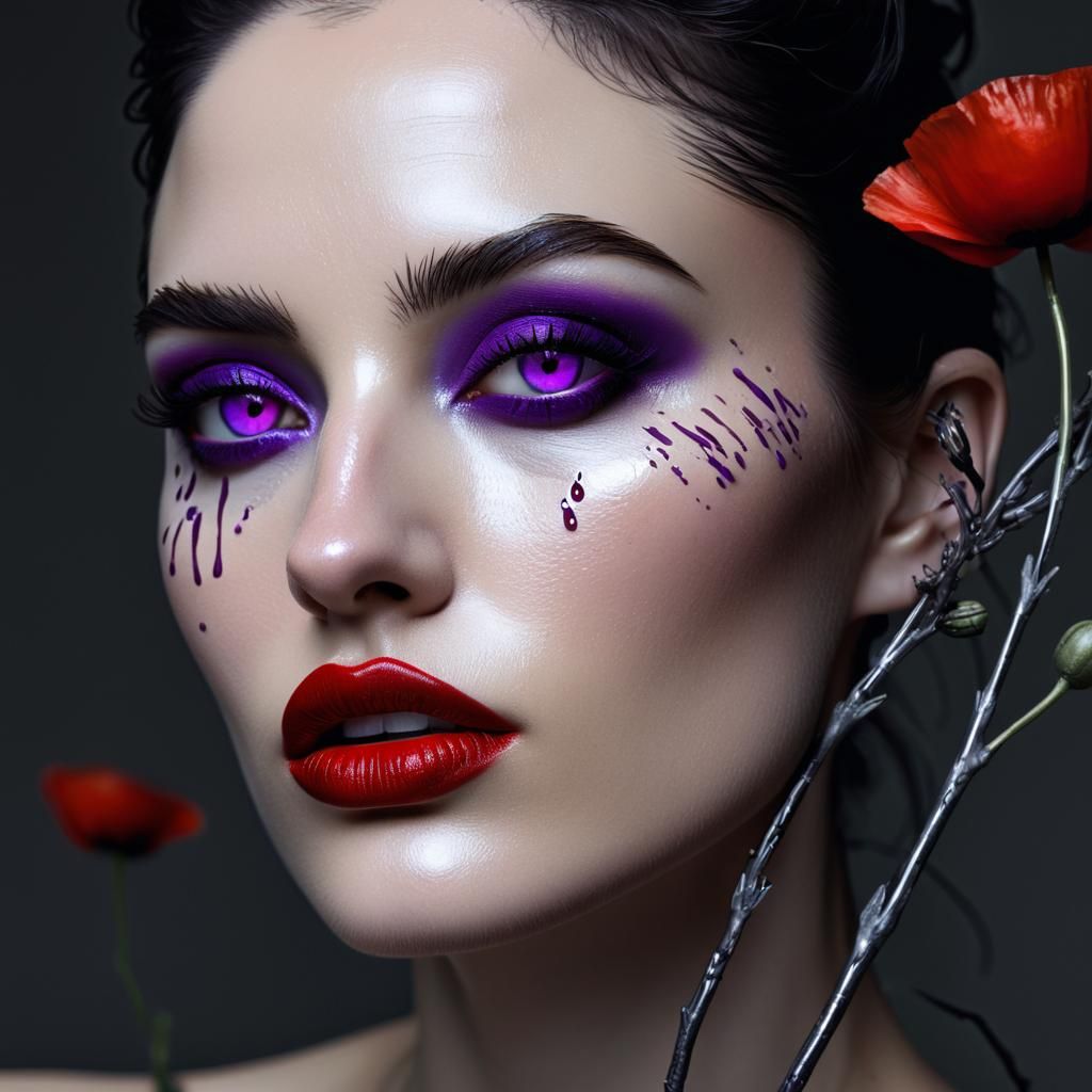 Monochrome Beauty with Red Lips and Purple Eyes