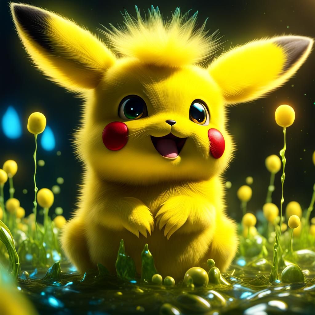 Bioluminescent Pikachu in Slime Spring: 3D Render