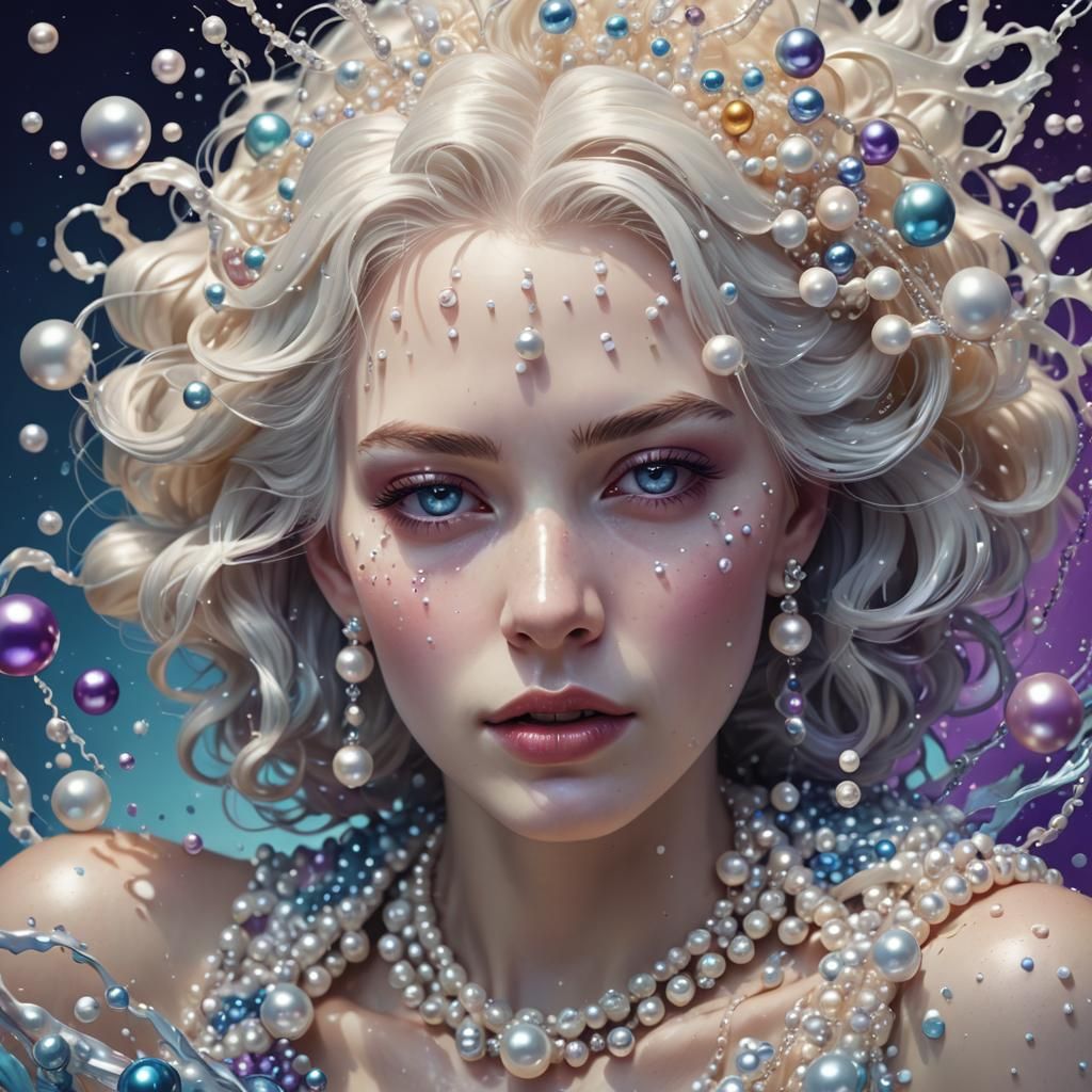 Pearl Adorned Woman in Hyper-Realistic Splash Art
