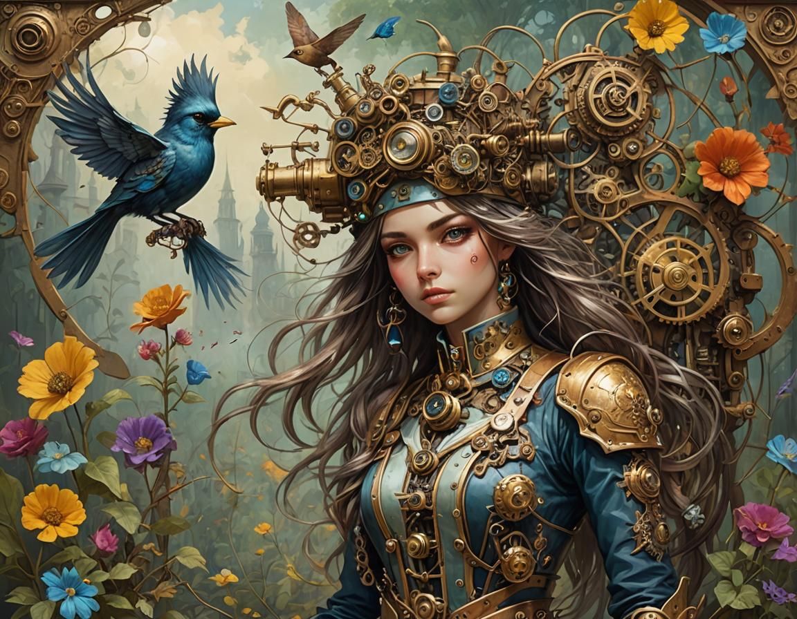 Steampunk Girl in Golden Garden with Bird