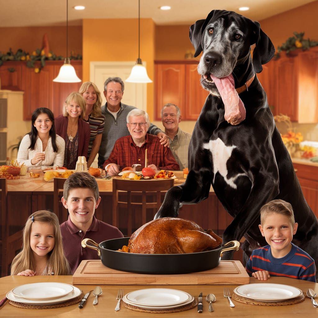 Thanksgiving Photo Interrupted by Mischievous Great Dane