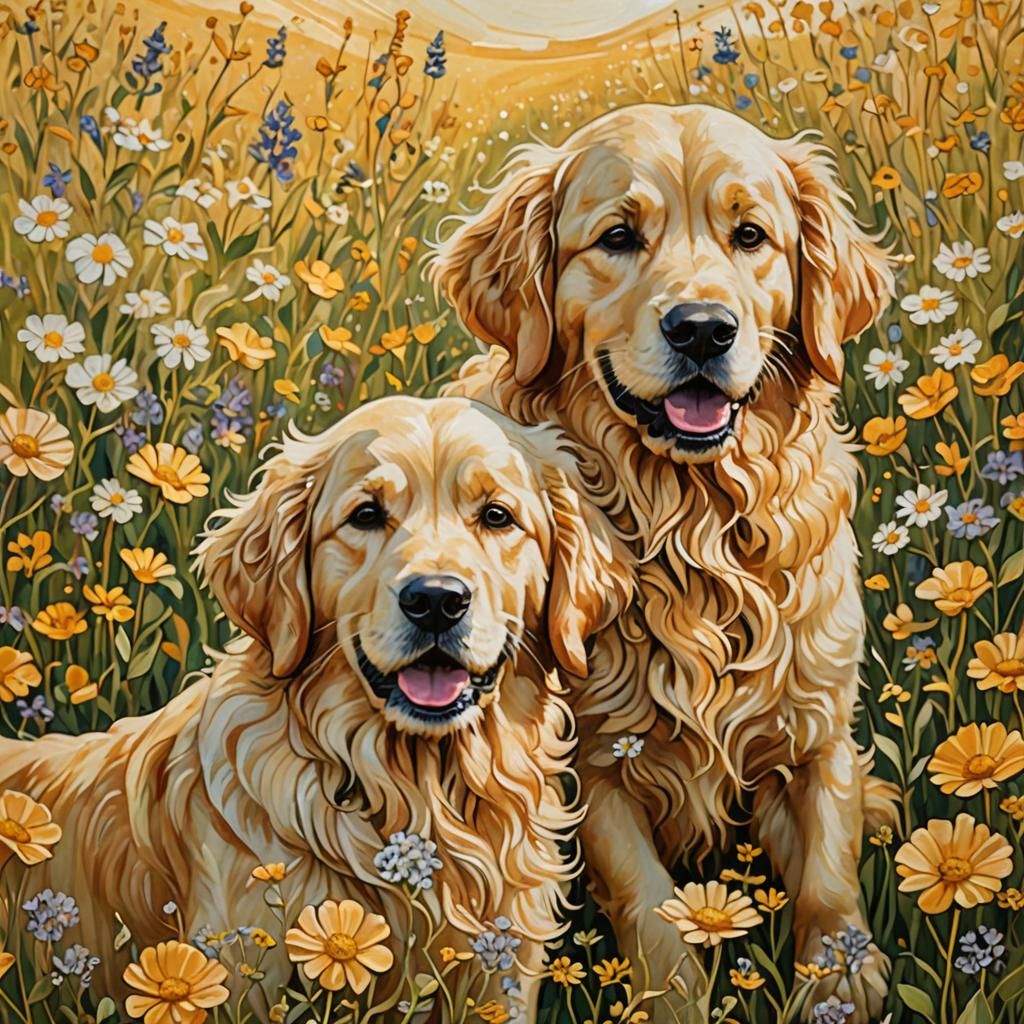 Golden Retrievers in Wildflowers, Klimt Style