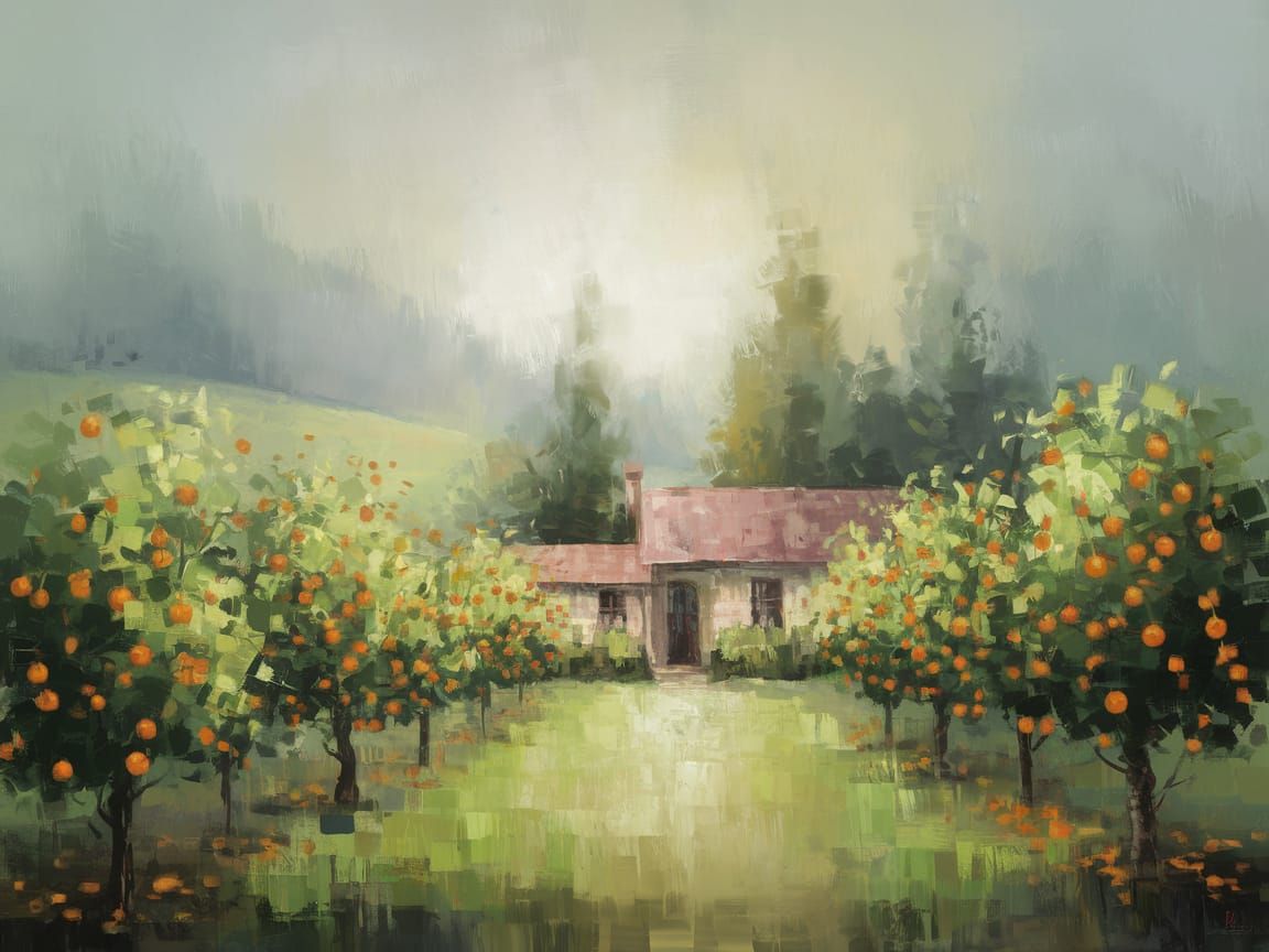 Impressionistic Cottage Scene in Misty Landscape with Vibran...