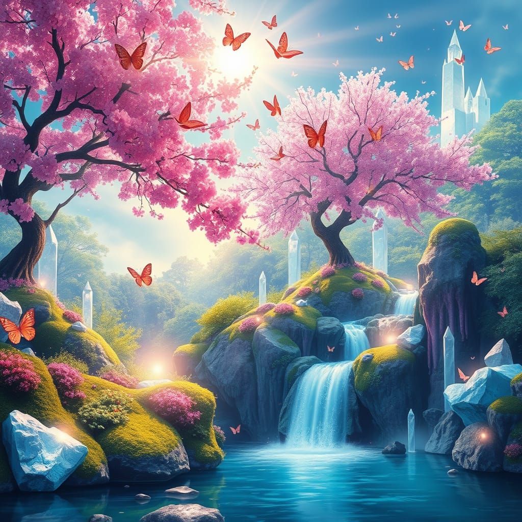 Surreal Crystal Kingdom with Waterfall and Blossoms