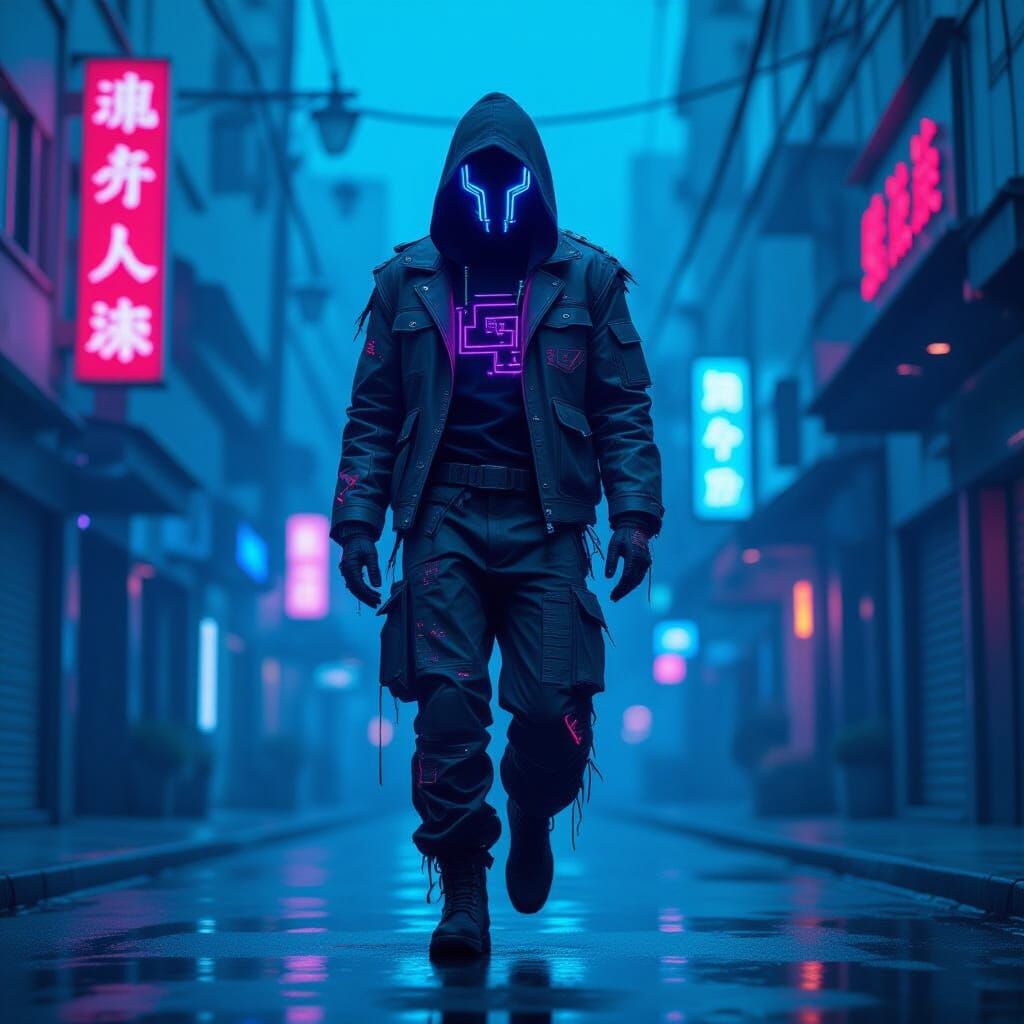 Glitching Figure in Neon-Lit Cyberpunk World