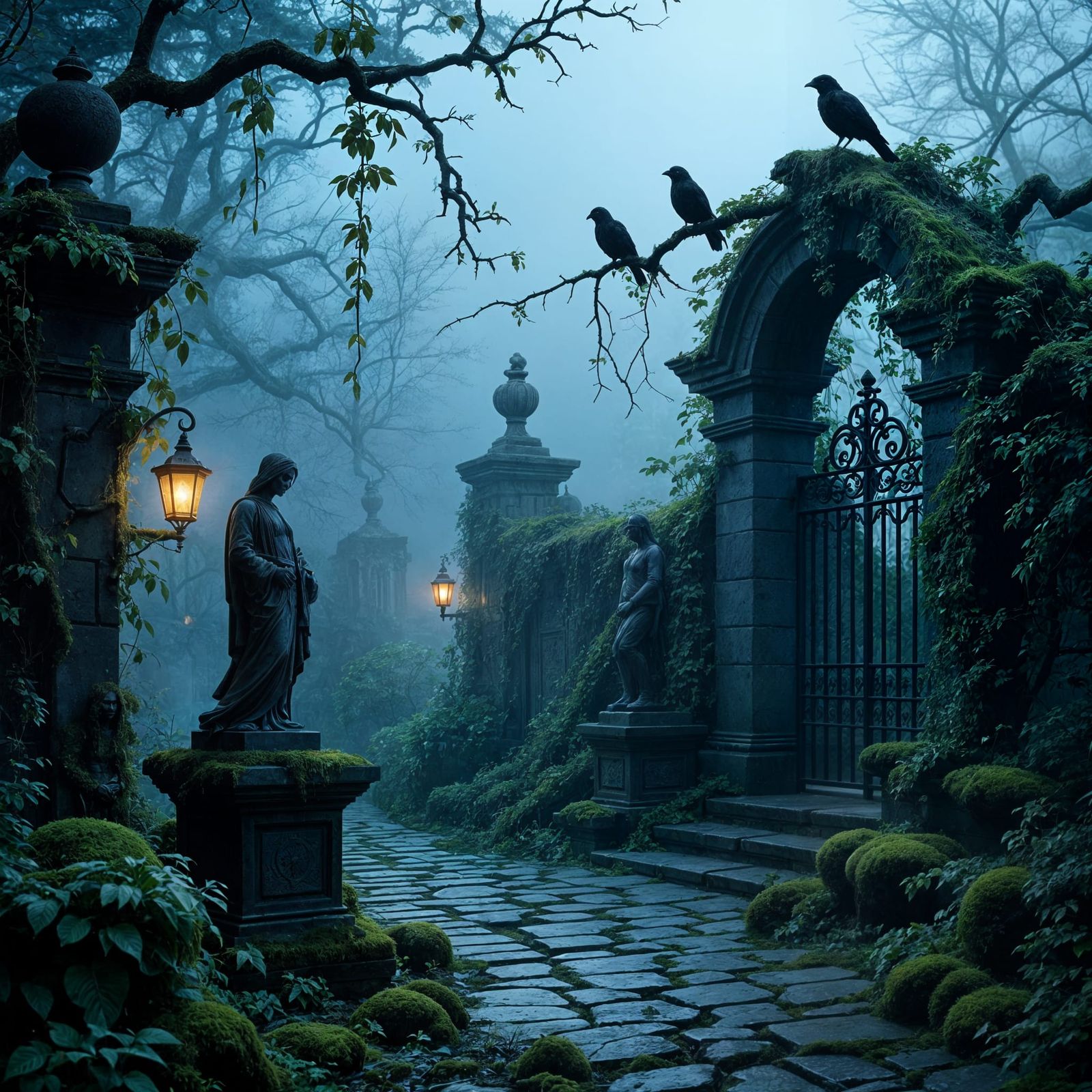 Ethereal Twilight Garden with Overgrown Vines