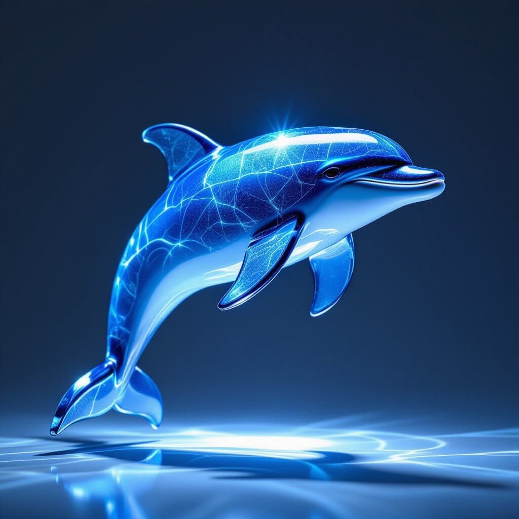 Dolphin Sculpture Made of Luminous Cobalt Sea Glass